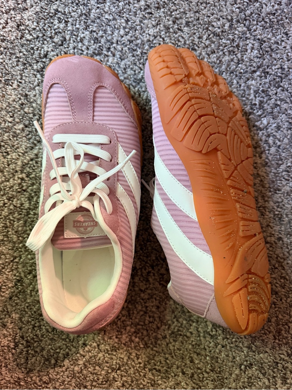 Pink Striped Sneakers with White Stripes and Gum Sole